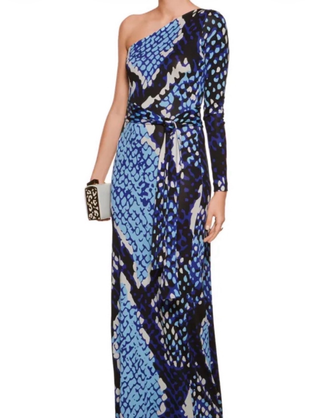 Diane Von Furstenberg One-Shoulder Blue and Black Printed Maxi Dress